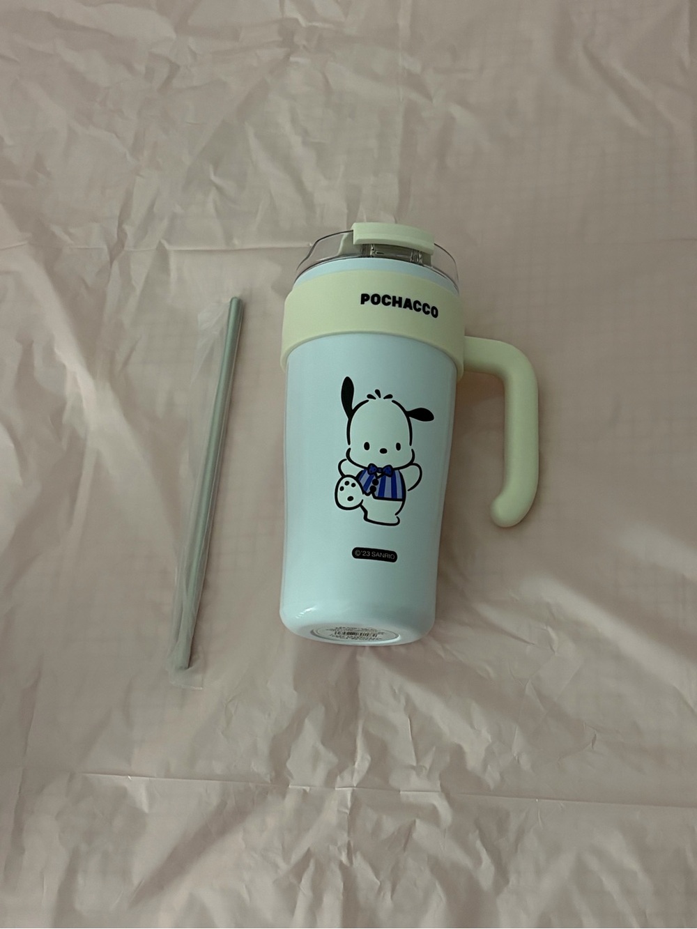Sanrio Pochacco White and Cream Travel Tumbler with Straw